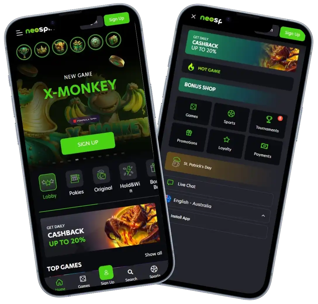 Neospin Casino mobile app lobby screenshot